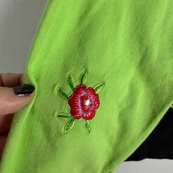 Vtg 90s Y2K Floral Embroidered Colorblock Top Med Cotton Black Lime Green NWOT - Picture 6 of 6